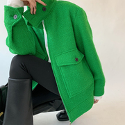 Lang Y 2022年原创立领长袖时尚通勤羊毛绿夹克百搭厚外套开衫女