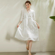 米可帛恩夏季白色高支苎麻连衣裙新五分袖重工刺绣中长款宽松女装