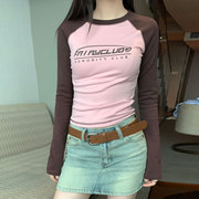 藕粉色t恤女美式复古撞色插肩袖上衣小个子修身显瘦长袖打底衫潮