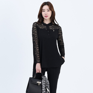 韩国秋季中年妈妈女装蕾丝性感黑色职场上班大码长袖衬衫T恤