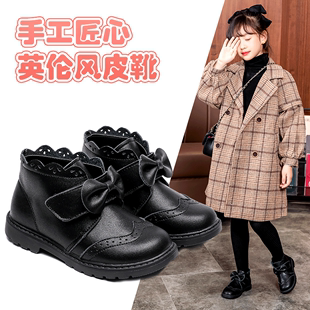小林川子女童短靴，2024秋冬季儿童，靴子真皮加绒二棉鞋黑色皮鞋