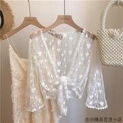 韩国粉色蕾丝开衫女夏季绑带镂空短款外搭薄款防晒衣洋气披肩
