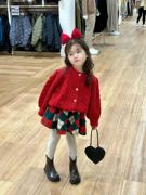 韩版童装女童加厚毛衣开衫外套女宝圣诞新年毛衣年服过年服拜年装