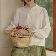 高货米色长袖衬衫女秋法式复古立领泡泡袖小众设计感宽松上衣