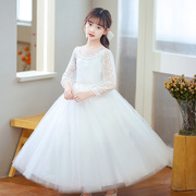 女童网纱蓬蓬晚礼服晚宴，裙长长袖演出服白色，粉红色公主裙连衣裙