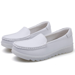 医院护士鞋厚底真皮轻便白色，坡跟透气单鞋舒适软底浅口小白鞋