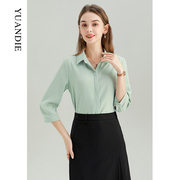 七分袖衬衫女春装半袖，面试职业雪纺上衣，高级感小个子中袖绿色衬衣