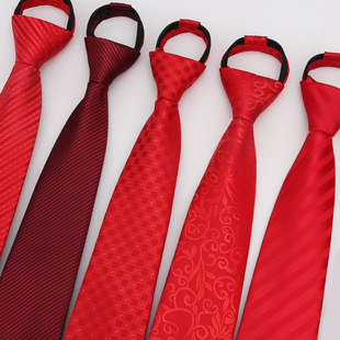 韩版商务正装红色领带，婚礼领带男新郎8cm男女，懒人一拉的领带