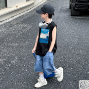 熊猫圆圆儿童背心套装 2024夏季男童牛仔短裤两件套织里童装