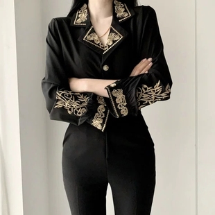 韩国秋冬进口精致刺绣金线花朵西装领翻领单排扣洋气长袖衬衫