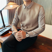 男士假两件衬衫领时尚，毛衣秋冬季韩版潮流，刺绣修身加绒条纹针织衫