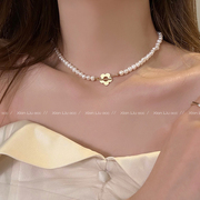 天然珍珠项链轻奢小众颈链女款2023高级感花朵锁骨链配饰