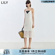 LILY2024夏女装设计感镂空假两件复古通勤款吊带连衣裙小白裙