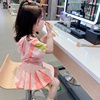 2023夏季童装女童韩版连帽运动套装儿童学院风短袖+短裙套装.