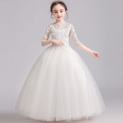 女2023夏白色(夏白色，)生日公主裙钢琴演出礼服，大童大码主持表演服装舞台装