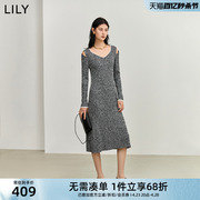 lily2024春女装气质，镂空法式优雅通勤复古方领长款针织连衣裙