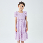 女童连衣裙2024中大童装洋气韩版纯棉镂空裙子甜美紫色公主裙