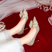 主婚纱婚鞋夏季女2022年春夏新娘鞋水晶婚礼，高跟鞋金色亮片鞋