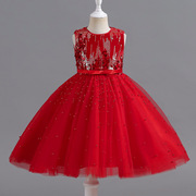 女童礼服短款公主裙网纱，蓬蓬晚宴演出服纯色红色，b类连衣裙l120