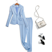春装浅蓝色小西装两件套洋气时尚短款西服修身微锥九分裤621