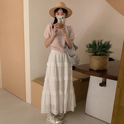 韩国chic春季温柔气质立体蝴蝶结装饰针织衫+蛋糕裙半身裙两件套