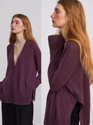 西班牙小众IAF羊绒羊毛雾花紫色V领针织开衫女 宽松版型落肩袖