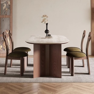 法式复古洞石岩板餐桌椅组合家用椭圆形饭桌长方形胡桃木实木餐桌