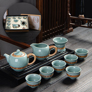 哥窑功夫茶具套装特色开片浮雕，竹节茶壶盖碗整套陶瓷