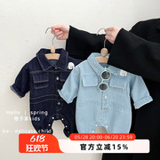 男童春秋季牛仔连体衣宝宝韩版印花爬服哈衣婴儿洋气休闲外出衣服
