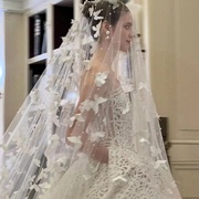 新娘白色立体蝴蝶头纱主婚纱重工钉珠奢华超大款拖尾影楼拍照头纱