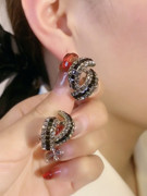 气质黑色镶钻耳钉女网红重工设计感几何银针，耳环轻奢时尚耳饰