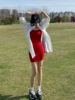 夏装搭配一整套韩系显瘦气质红色，吊带连衣裙外搭开衫，雪纺套装裙女