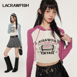 lacrawfish美式辣妹复古印花撞色插肩袖显瘦连帽，针织衫上衣女