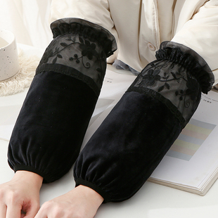秋冬韩版蕾丝拼绒布长款防污护袖套，女成人学生工作羽绒服手臂套袖