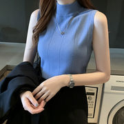 2023夏季半高领薄款无袖，短款打底衫针织t恤女修身内搭t恤背心
