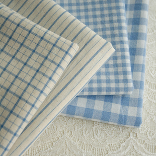 popohouse复古蓝麻色格子，条纹色织棉布料，日式zakka桌布连衣裙包袋