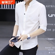 夏季亚麻中国风衬衫男短袖，立领纯棉中袖寸衫，男士棉麻高级感白衬衣