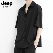Jeep吉普冰丝衬衫男士短袖夏季潮牌高级感痞帅休闲五分袖黑色衬衣