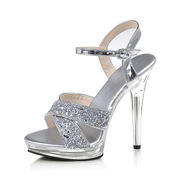 模特超高跟细跟一字扣带时尚鞋女12CM透明水晶银色跟亮片性感凉鞋