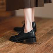 英伦风软皮小皮鞋，女粗跟复古真皮学院布洛克雕花，系带单鞋低跟黑色