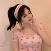 高货少女白色草莓印花短袖T恤女2024夏季韩版ins修身方领短款