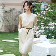 欧美夏季气质OL圆领短袖简约纯色真丝连衣裙中长款桑蚕丝裙子