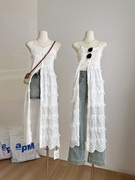 ppshd白色蕾丝连衣裙排扣花边，设计2024夏季百搭韩版吊带裙夏季