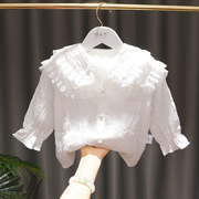 女童秋装双层蕾丝娃娃领打底衫宝宝洋气白色，长袖大翻领衬衫公主韩