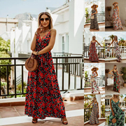eBay 速卖通 女装v领夏季无袖吊带印花波西米亚长裙 连衣裙