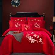 大红色婚庆结婚四件套，床上用品15m18米床单床裙床罩被套，龙凤刺绣