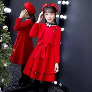 儿童裙子2023秋冬季女童冬连衣裙2024红色毛呢公主裙时髦洋气