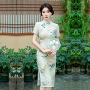 天丝麻旗袍中长款小个子妈妈日常可穿连衣裙水墨荷，花女夏装中国风