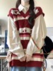 两件套装秋季学院风红色，条纹针织马甲背心毛衣女(毛，衣女)款叠穿衬衫上衣