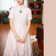 JCL889丨白浅丨提花欧根纱中式复古短袖立领粉色仙女裙礼服裙春夏